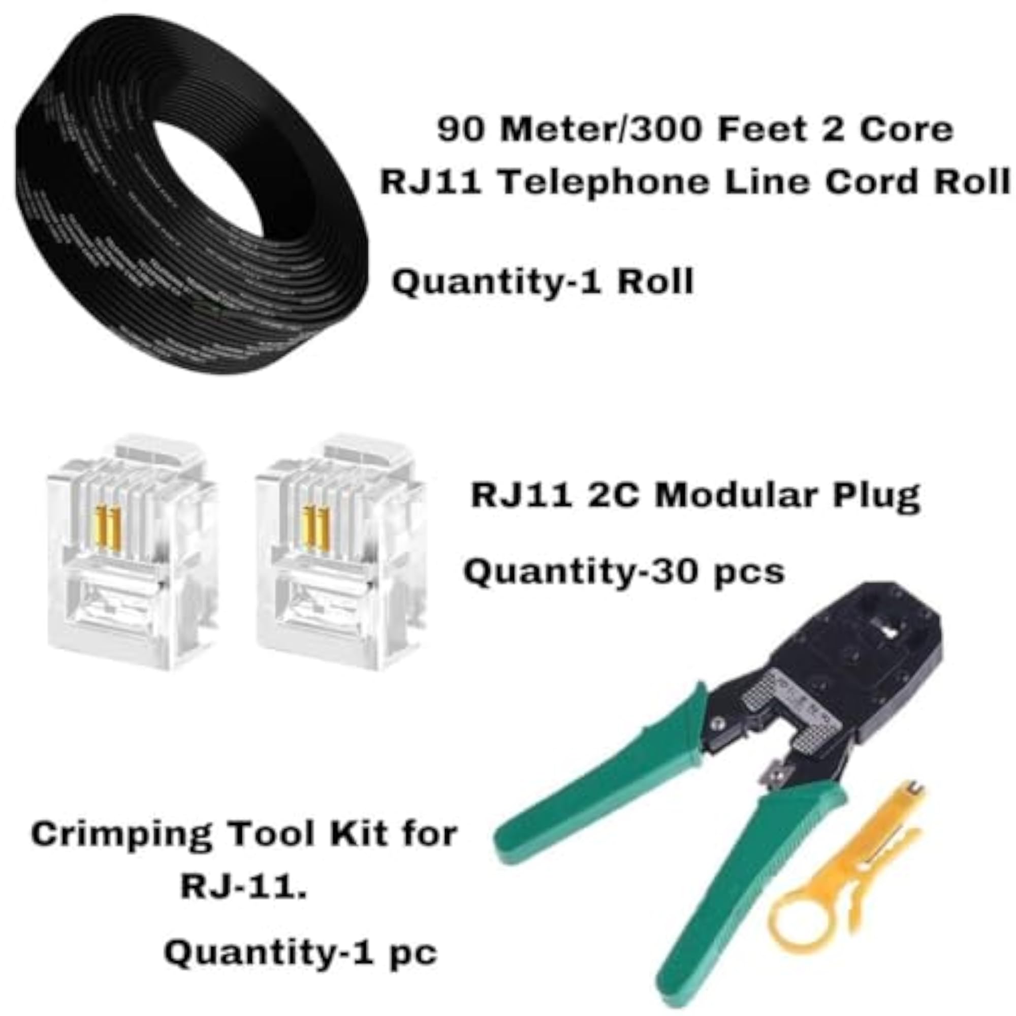 90 Meter 2 Core Telephone Line Cord Wire Roll with RJ11 Modular Plug
