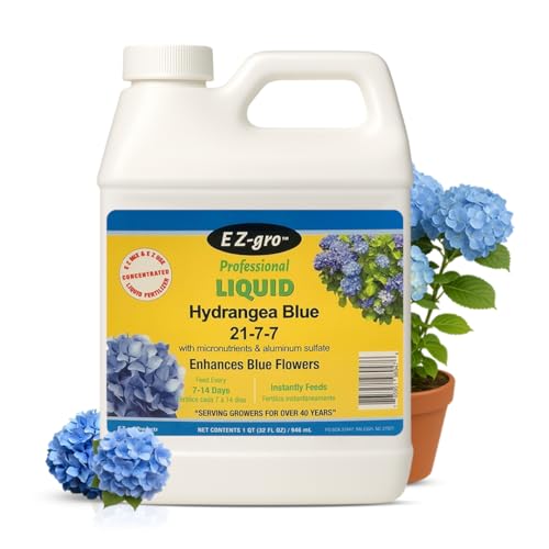 EZ-GRO Hydrangea Fertilizer Liquid Plant Food 21-7-7 with Aluminum Sulfate for Hydrangeas - Perfect for Blue Flowers | Rhododendrons & Azalea Fertilizer Ideal Hydroponic Nutrients - 1 qt (32 oz).