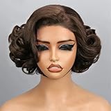 -*-Bob Wig Human Hair Pre Cut Glueless HD Lace ClosureWigs, Big Curly Mature Boss Left C Parted Frontal Wig For Women