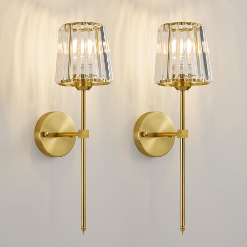 HONIEGG Gold Modern Crystal Wall Sconces Set of 2, Brushed Brass Wall Light