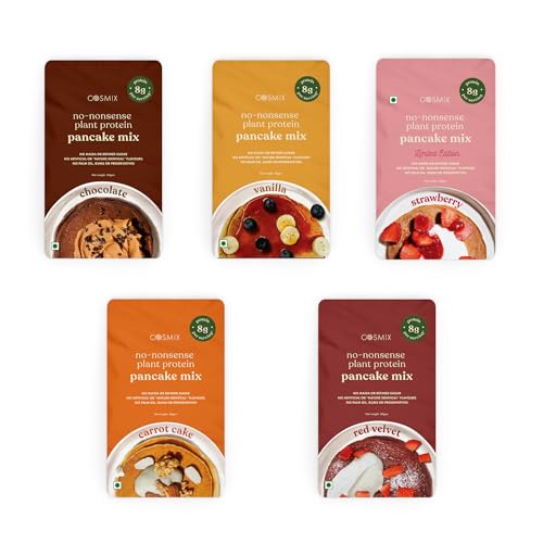 Image of Cosmix No-Nonsense Protein Pancake Assorted Trail Pack of 5 | 8g Protein /Serving | Instant Breakfast with Supergrain Blend (Oats, Jowar, Kodo, Little Millet) | Pancake Mix | No Maida, No Refined Sugar |