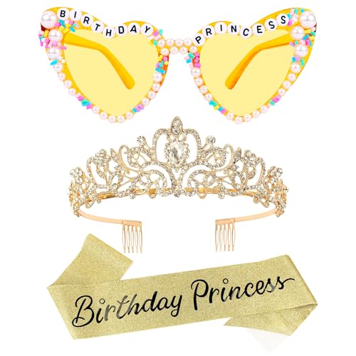 VELSCRUN Yellow Birthday Princess Glasses, Birthday Princess Sash Tiara Crown for Women Girls, 3 Pcs Elegant Tiaras Crowns Hair Accessories Happy Birth Party Decorations Girls Gifts