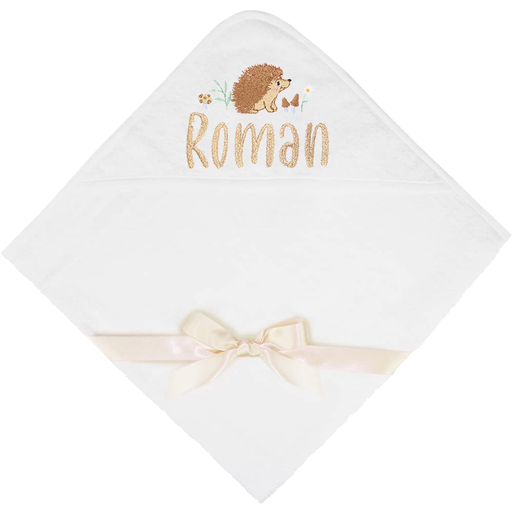TeddyT's Personalised Hedgehog White Baby Hooded Bath Towel
