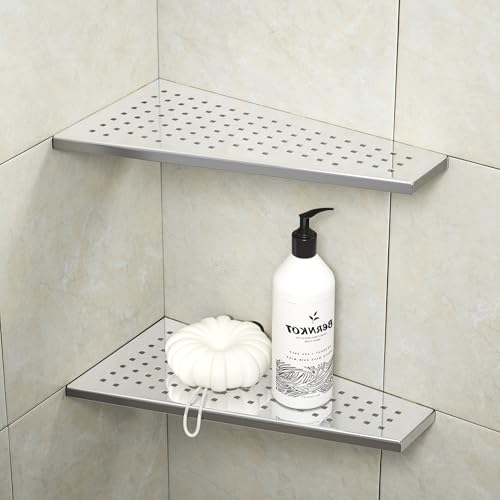 Bernkot Corner Shower Shelf 12' Polished 304 Stainless Steel Recessed Trapezoid Grout in Shelves with Grid Design Bathroom Shelf Racks for Tiled Wall, 2 Pack