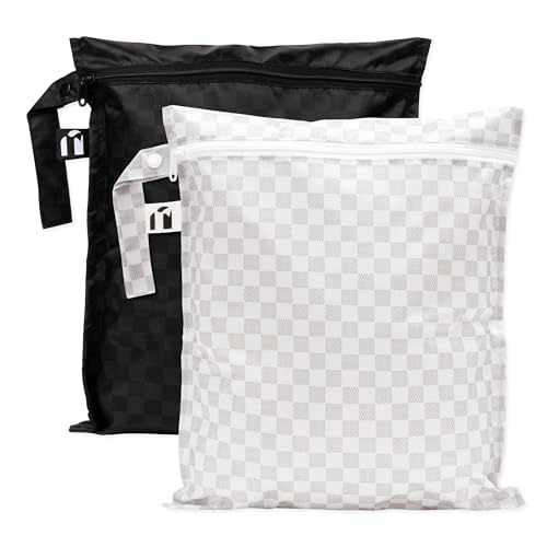 Image of Bumkins Roamio - Waterproof Wet Bag - For Baby, Travel, Swim Suit, Cloth Diapers, Pump Parts, Pool, Gym, Toiletry, Strap to Stroller - Reusable & Easy to Clean - 2pk - Black Check & Off White