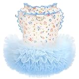 Floral Dog & Cat Dress with Tutu Skirt - Breathable Stretch Pet Clothes for Small Dogs Girl Cats & Puppies Birthday Party Outfit (Blue,Small)
