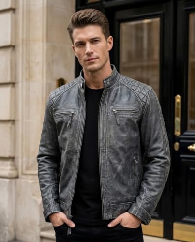 Image of Mens Vintage Retro Biker Cafe Racer Jackets - Diamond Quilted Style Genuine Leather Motorcycle Jacket