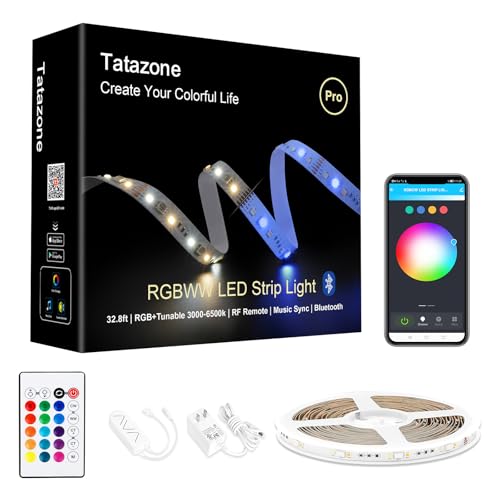Tatazone RGBWW Bluetooth LED Strip Lights, 32.8ft Tunable White 3000K to 6500K+RGB Led Light Strips, Music Sync Color Changing Indoor LED Rope Lights with App and Remote for Kitchen, Bedroom, TV
