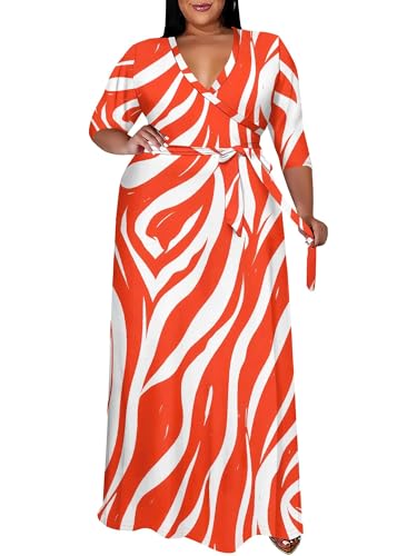 Image of SUZONANA Plus Size Maxi Dresses for Curcy Women Casual Loose 3 /4 Sleeve Long Dress with Belt
