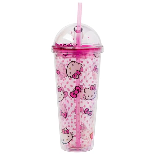 Image of Silver Buffalo Sanrio Hello Kitty Pink Polka Dots and Bows Dome Glitter Top Travel Tumbler, 24 Ounces