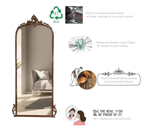 Image of Full Length Mirror with Ornate Frame Tall Standing Floor Mirror for Bedroom, Dressing Room & Living Room (Vintage Copper (Without Stand))