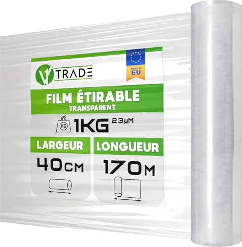 V1 Trade Film Etirable Demenagement - Film Palette Transparent 40cm x 170m - Plastique Protection pour Colis et Meubles