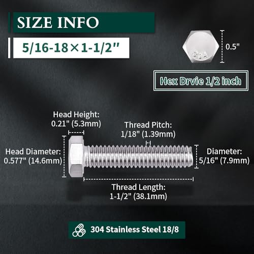Image of 5 /16-18 x 1-1 /2 inch Hex Head Bolts Screws, 304 Stainless Steel 18-8, Fully Threaded, Hexagon Head Cap Bolts Screws, Coarse Thread UNC, 10 PCS