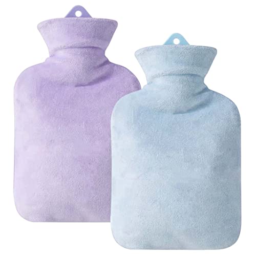 YOODI 2x Bouillotte 1000ml avec Housse en Peluche Souple, Bouillotte en Caoutchouc Naturel Anti-fuite Bouteille d'eau Chaude, Bouillotte Thermique Adulte et Enfant, Bleu et violet Cover