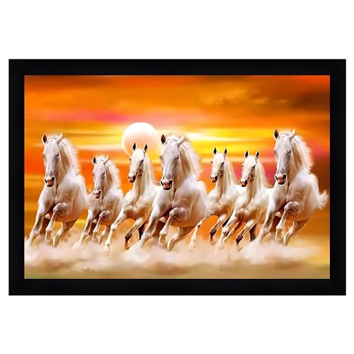 Image of Indianara Vastu Running Seven Horse Painting With Frame 20 Inches X 14 Inches (Style 4)