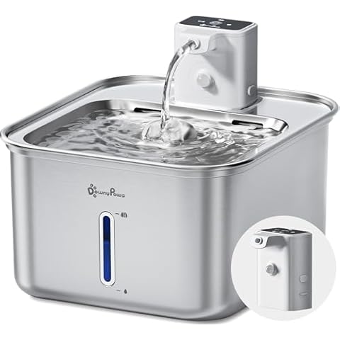 DownyPaws Cat Water Fountain Stainless Steel Wireless White with Replacement Battery Compartment White Cover