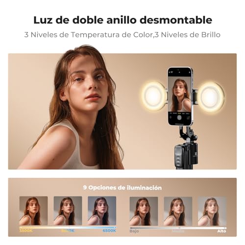 K&F CONCEPT Palo Selfie 180CM, Trípode de Seguimiento AI 360°, Despliegue Automático y Plegado Rápido, 2 Anillos de Luz, Control por Gestos, Control Remoto Bluetooth, 7 en 1 para Video/Vlog/Live - imagen 4