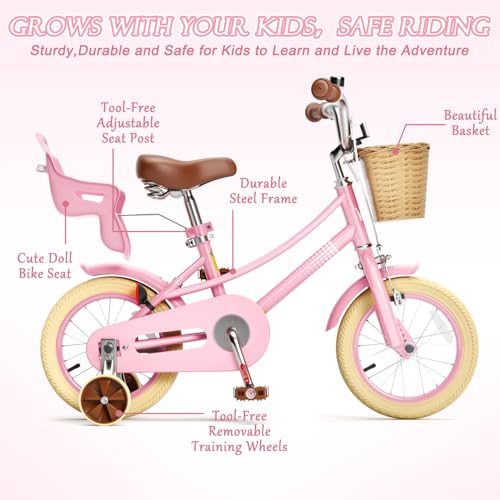 Image of Glaf Girls Bike Bicycle for 2-12 Years Old 12 14 16 20 inch Kids Toddler Bike with Training Wheels and Basket,Doll Seat, Kids Bike Bicycle for Gift