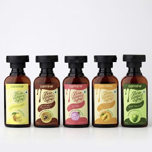 Image of Carmine Zero Sugar Syrups - Combo of 5 Syrups (Alphonso Mango, Lemon lime, Kesar milk masala, Rose and Raw Mango), 60 g each