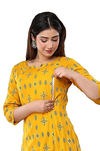 Image of Vinny's Creation Women's Cotton Maternity Kurti | Floral Printed Feeding Kurta with Hidden Zipper | Stylish Pregnancy Gown & Nursing Dress for Womens