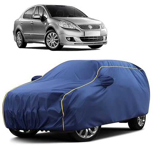 Image of Sulfar 100% Water Resistant Car Body Cover Compatible with Mirror for Maruti Suzuki SX4 (Triple Stitched, Full Bottom Elastic, Blue Taffeta with Yellow Piping)