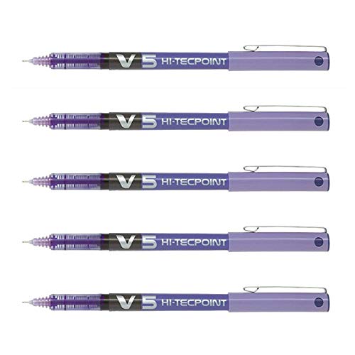 PILOT Hi-Tecpoint V5 Liquid Ink Rollerball Pen Fine Point Purple (Pack of 5)