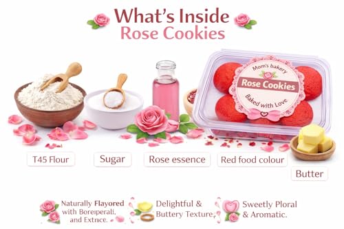 Image of MOM'S BAKERY Crunchy Rose Cookies 200 gm Homemade Floral Biscuits | Soft-Baked Roses Petals Gourmet Cookies with Creamy Flavor | T45 Flour, Butter, Sugar, Vanilla Essence | Eggless, No Palm Oil, No Preservatives | Premium Healthy & High Fiber Snacks for Anytime Cravings for Tea-Time