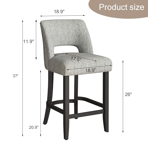 Image of VKNOW Bar Stools Set of 2, 26 inch Upholstered Counter Height Bar Stools | Modern Counter Stools with Black Rubberwood Legs for Kitchen Island Dining Room Bar, Light Grey-Black Legs