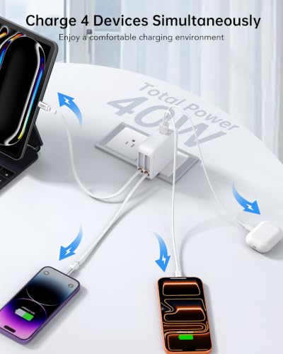 Image of Retractable Wall Charger,40W USB Charger Wall Plug with USBC & Apple Cable,4-in-1 Fast Charging Foldable Block Multi Charger,Travel Essentials Brick Multiport for iPhone 17 /16 /15,iPad,Galaxy,LG,Pixel