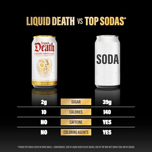 Image of Liquid Death Soda-Flavored Sparkling Water - Cherry Obituary, Less Sugar*, Huge Flavor, No Caffeine, No Artificial Sweeteners, 12 Fl Oz (Pack of 12)