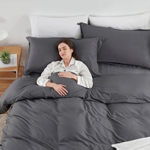 Image of Hearth & Harbor Dark Grey Duvet Cover with Fitted Sheet Cal King Size | 4 Piece Soft Double Brushed Bedding Set, Button Closure, 1 Duvet Cover 104x98 Inches, 1 Fitted Sheet, 2 Pillow Shams