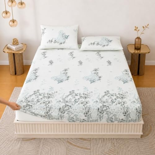 Image of Jaipur Weaves 100% Cotton 240 TC Printed Elastic Fitted Bedsheets King Size with 2 Pillow Covers, 72 x 78 inches (Garden Blue, Super King Fitted, Pack of 1)