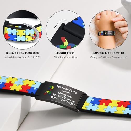 XUANPAI Personalized Autism Awareness Bracelet, Medical Alert ID Bracelet Custom Engraved Autism Child Safety ID Bracelets Anti-Lost Adjustable Silicone Wristband for Teen Boys Girls Men Women4