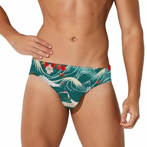 Japanese Crane Birds Wave Cherry Flowers Novelty Men's Brief Swimwear Pants Swimming Trunks Beach Shorts Underwear