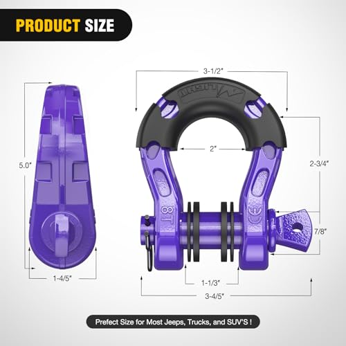 Image of Nilight Heavy Duty Mega D-Ring Shackles(2 Pack) w / 7 /8″ Screw Pin & isolators, 68,000 lb Break Strength(17,000 lb WLL), Forged Steel Off-Road Recovery Shackles for Tow Strap & Winch Gear, Purple
