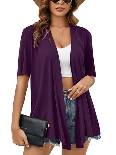 Heymoments Cardigan for Women Draped Open-Front Purple Medium Short Sleeve