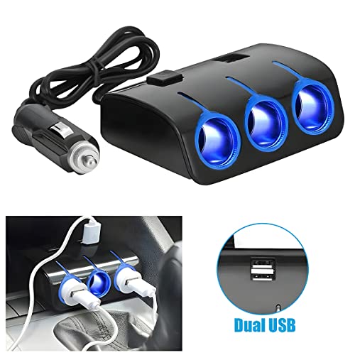 Moioee Car Cigarette Lighter Adapter, 12V/24V 3 Socket Power Splitter, Cigarette Lighter Adapter With 2 Usb Ports, Multifunctional Auto Charger, Led Indicator & Independent Switch For Usb (Black) #TOP4