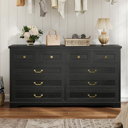 DICTAC-10-Drawers-Dresser-for-Bedroom55-Wide-Farmhouse-DresserDresser-TV-Stand-with-Natural-Texture-and-Vintage-Metal-HandlesRustic-Wood-Chest-of-Drawers-for-BedroomLiving-RoomHallwayBlack DICTAC 10 Drawers Dresser for Bedroom55 Wide Farmhouse DresserDresser TV Stand with Natural Texture and Vintage Metal HandlesRustic Wood Chest of Drawers for BedroomLiving RoomHallwayBlack