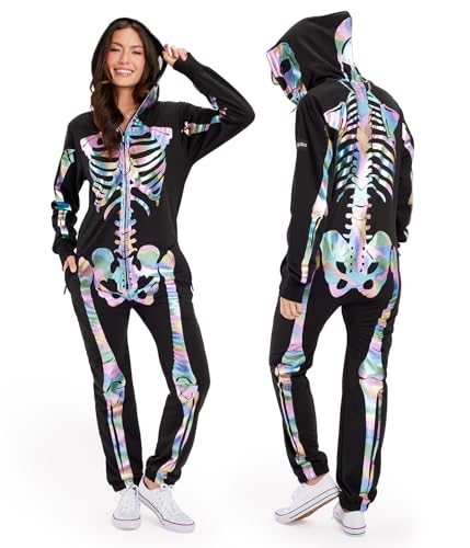 Tipsy Elves Halloween Skeleton Costume for Women - Comfy Easy Adult Onesie Jumpsuit - Front and Back Print with Zip Up Mask - Women's Iridescent Skeleton Jumpsuit Halloween Costume Size Small