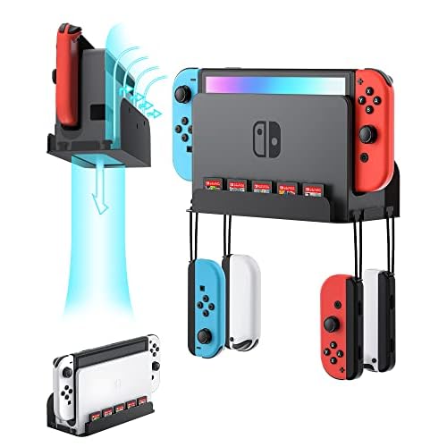 Wall Mount for Nintendo Switch and Switch OLED, Metal Wall Mount Kit Shelf Accessories with 5 Game Card Holders and 4 Joy Con Brackets, Safely Store Switch Console Near or Behind TV, Black