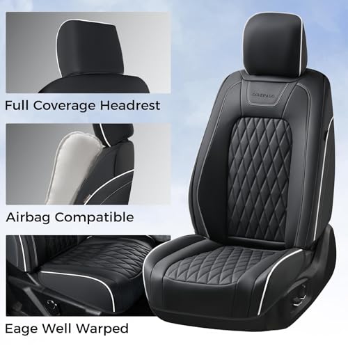 Image of Coverado Premium Leather Front Seat Covers Waterproof Heavy-Duty Protectors Custom Fit for Ford F150 (2015-2026) F250 /F350 /F450 (2017-2026)-Black w /White Stitching, Wear-Resistant