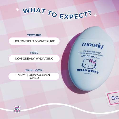 Image of Moody Hydro Burst Water Sunscreen SPF 50 PA++++ | Hello Kitty Limited Edition | Face Sunscreen SPF 50 PA++++ for Women & Men with Hyaluronic Acid