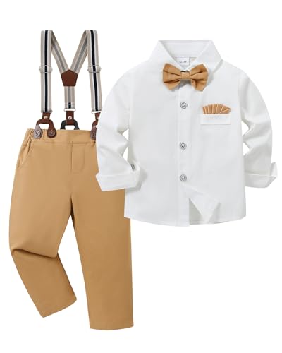 Image of YALLET Toddler Baby Boy Clothes Suit Gentleman Wedding Outfits Formal Dress Shirt+Bowtie+Suspender Pants