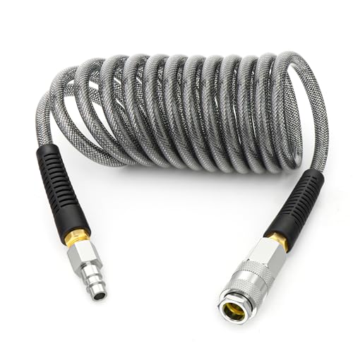 TAILONZ PNEUMATIC 1/4 x 3M Schwarzer verstärkter Polyurethan-Rückspul-Luftschlauch mit Biegedrossel 1/4-Industrie-Schnellkupplung und Stecker