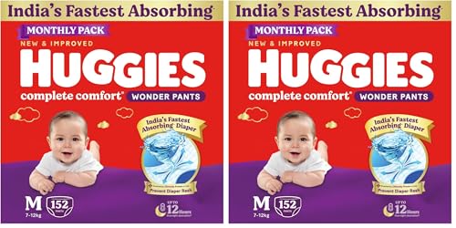 Image of Huggies Complete Comfort Wonder Pants | Pant Style Baby Diapers M Size, 152 Count | India's Fastest Absorbing Diaper, Patented Dry Xpert Channel, Ideal for 7 to 12 Kgs (Pack of 2)