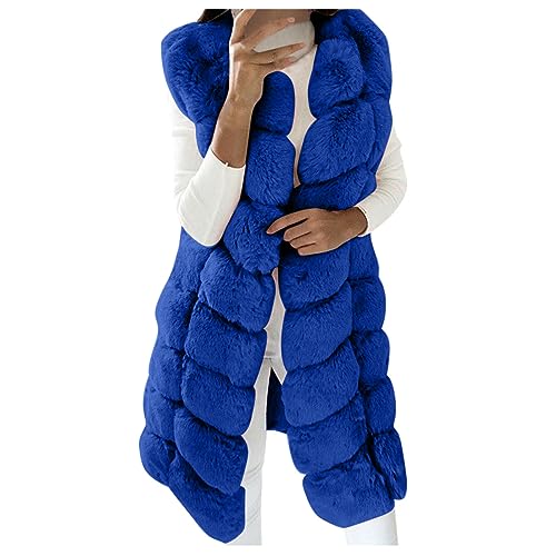 Women's Sleeveless Puffy Faux Fur Vest Shearling Fuzzy Warm Long Coat Mid-length Outwear Long Sleeve Cardigan Jackets - Main Image