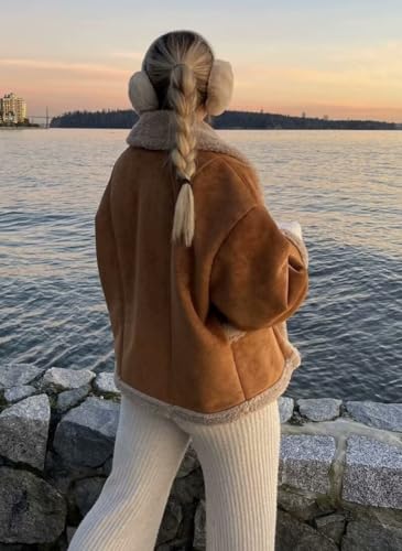 chouyatou Women's Winter Casual Faux Suede Leather Jacket Button Down Fuzzy Sherpa Lined Jacket Coat3