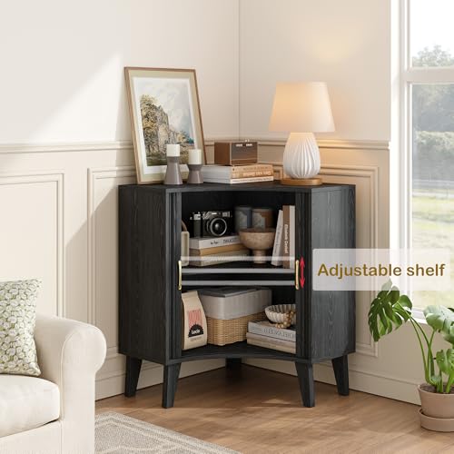 Image of Fluted Corner Cabinet, Small Corner Floor Cabinet with 2-Sliding Doors and Adjustable Shelves, Freestanding Narrow Organizer for Small Space,Living Room, Dining RoomBathroom.Black