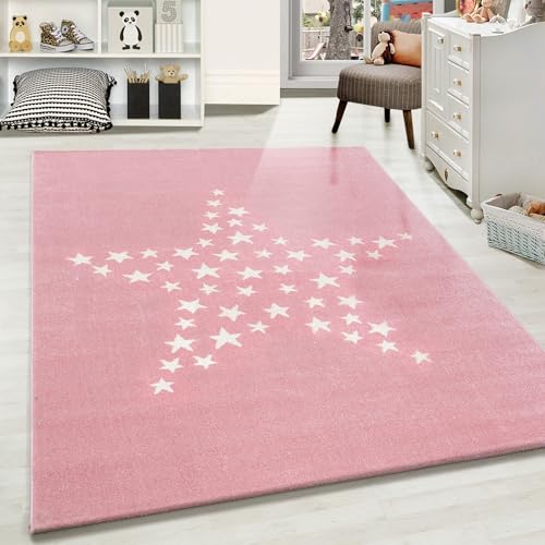 Carpetsale24 Kinderteppich Modern Sterne-Design Pink und Creme 80 x 150 cm - Kurzflor Teppich Kinderzimmer Waschbarer Spielteppich Babyteppich für Junge und Mädchen Extra Weich und Antiallergen Läufer