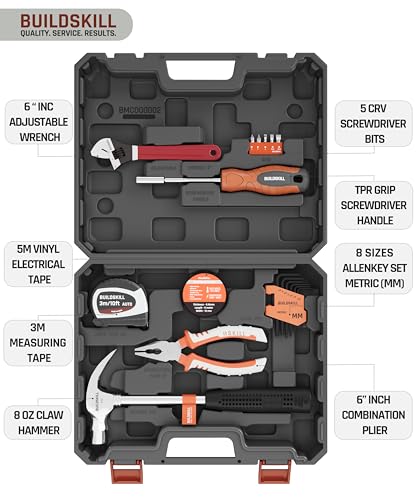 Image of Buildskill Intermediate Tool Kit for Home Use Multipurpose, Compact Tool Set, Portable Tool Box With All Tools, Hardware Items For Home, Screw Driver Tool Set Kit, Tool Box For Home Use (Set of 19)